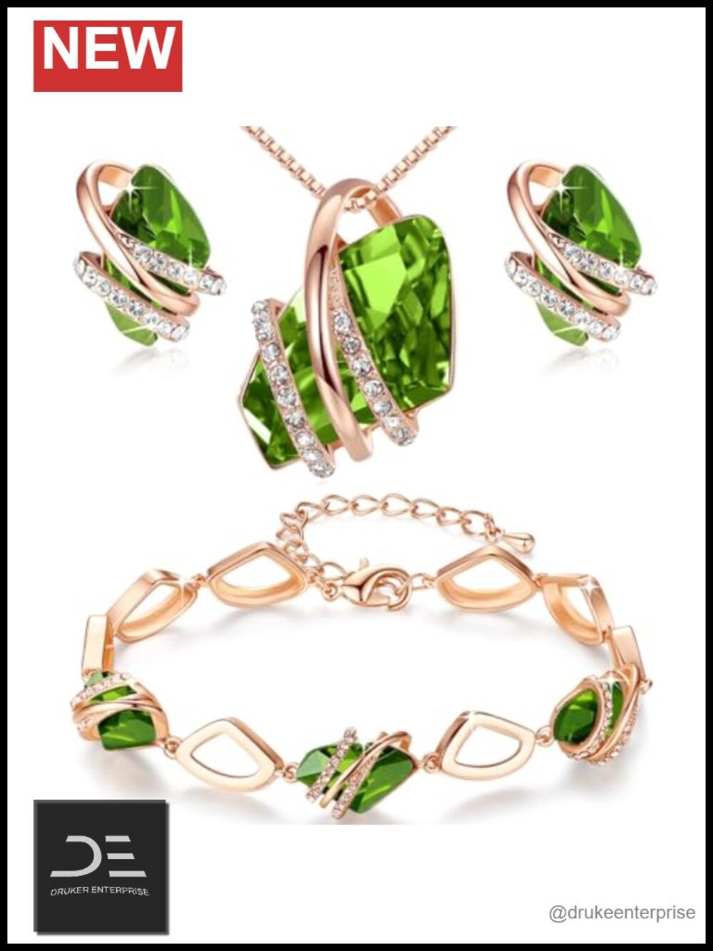 Wish Stone 3-Piece Jewelry Set Necklace Bracelet Earrings Peridot Green Crystal